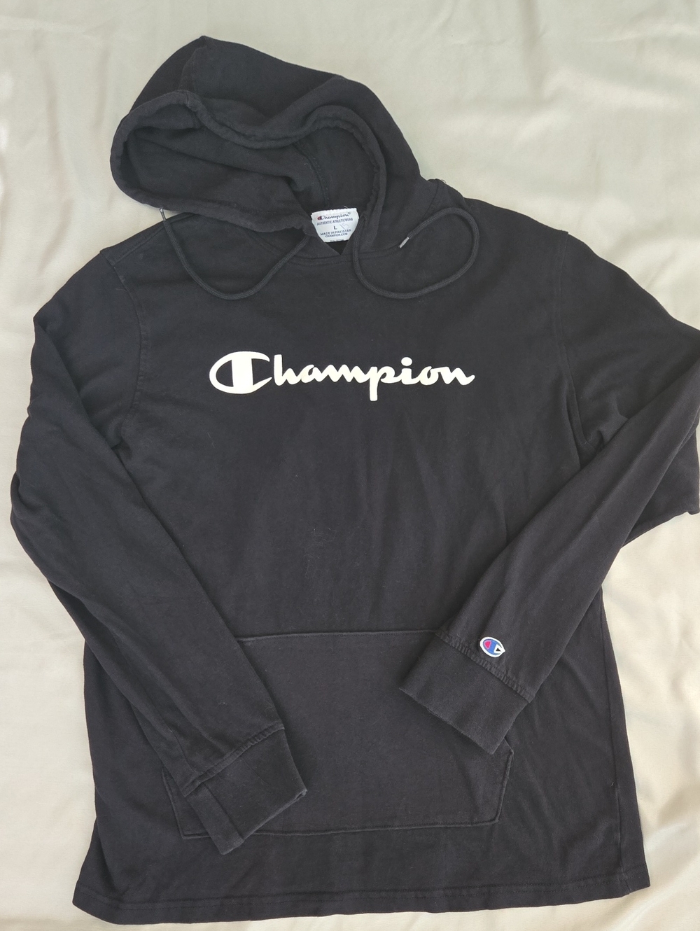 Champion Black Hoodie with White Script Logo